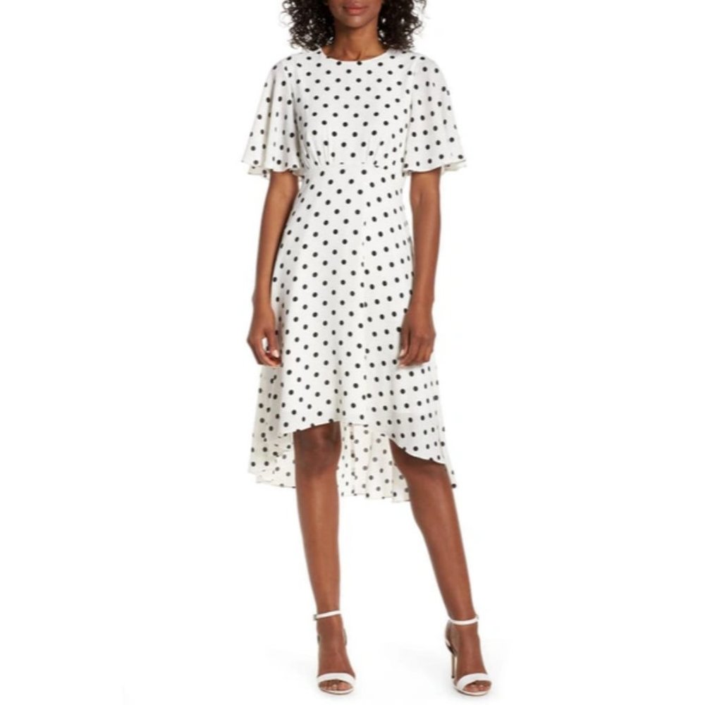 New 148$ Eliza J Womens 4 White Black Polka Dot Chiffon High/low Fit Flare Dress